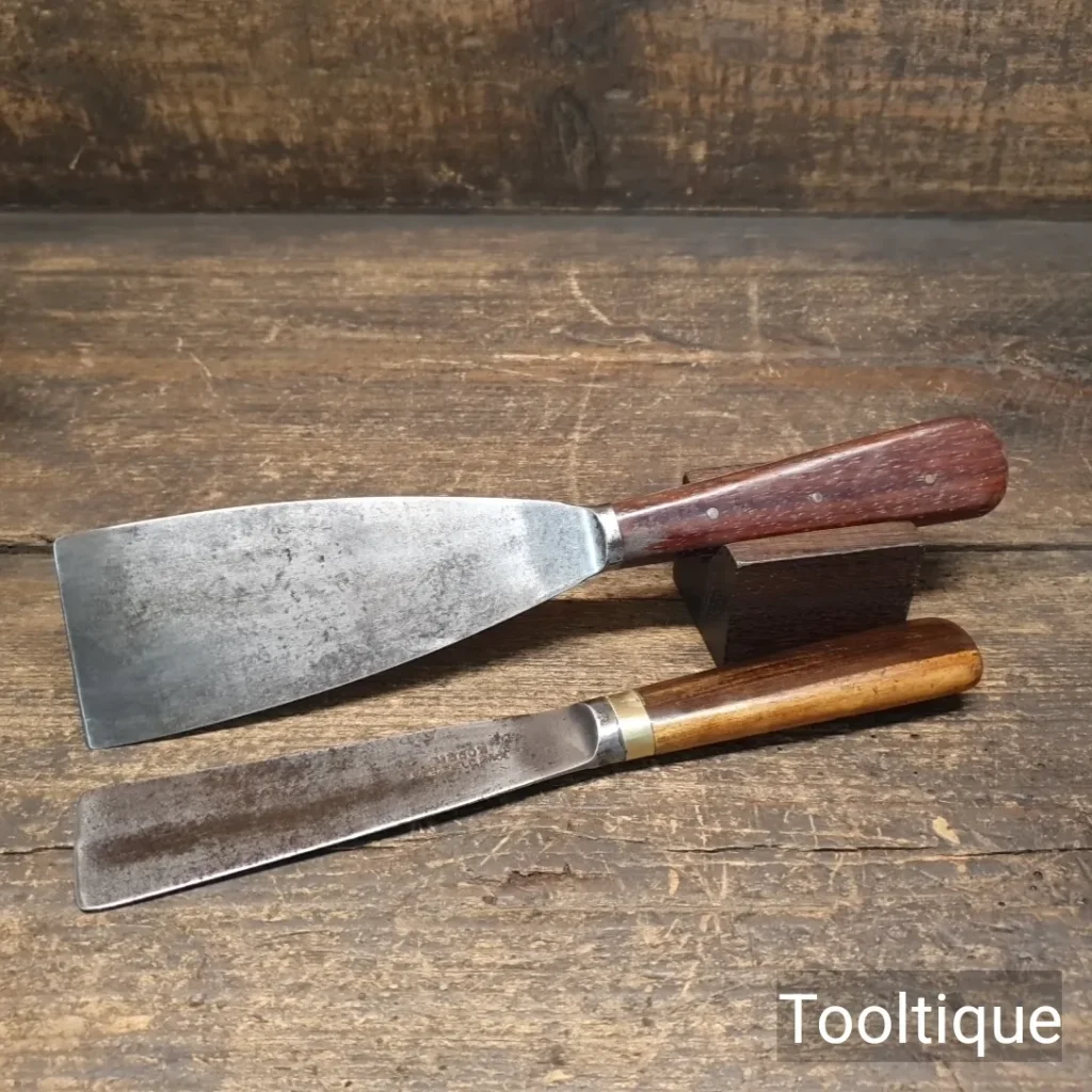 2 No: Vintage Rosewood Mahogany Handled Scrapers 2” + 1 5/16” Wide